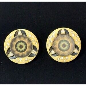 Vintage 30’s-40’s Hologram Clip On Earrings Yellow Bakelite & Rhinestone